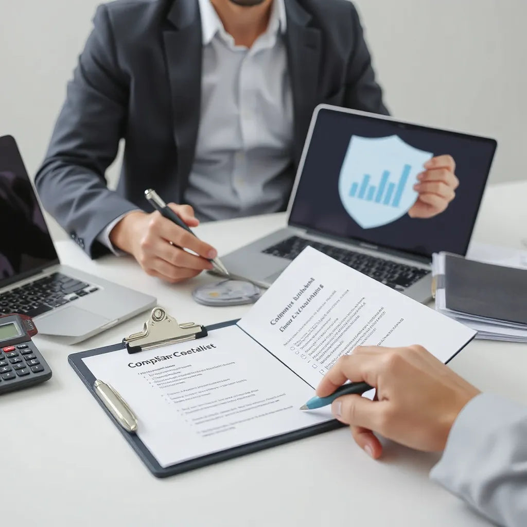 Profissional analisando documentos de conformidade e checklist sobre mesa com laptop ao fundo