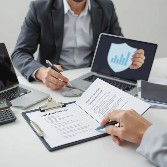 Profissional analisando documentos de conformidade e checklist sobre mesa com laptop ao fundo