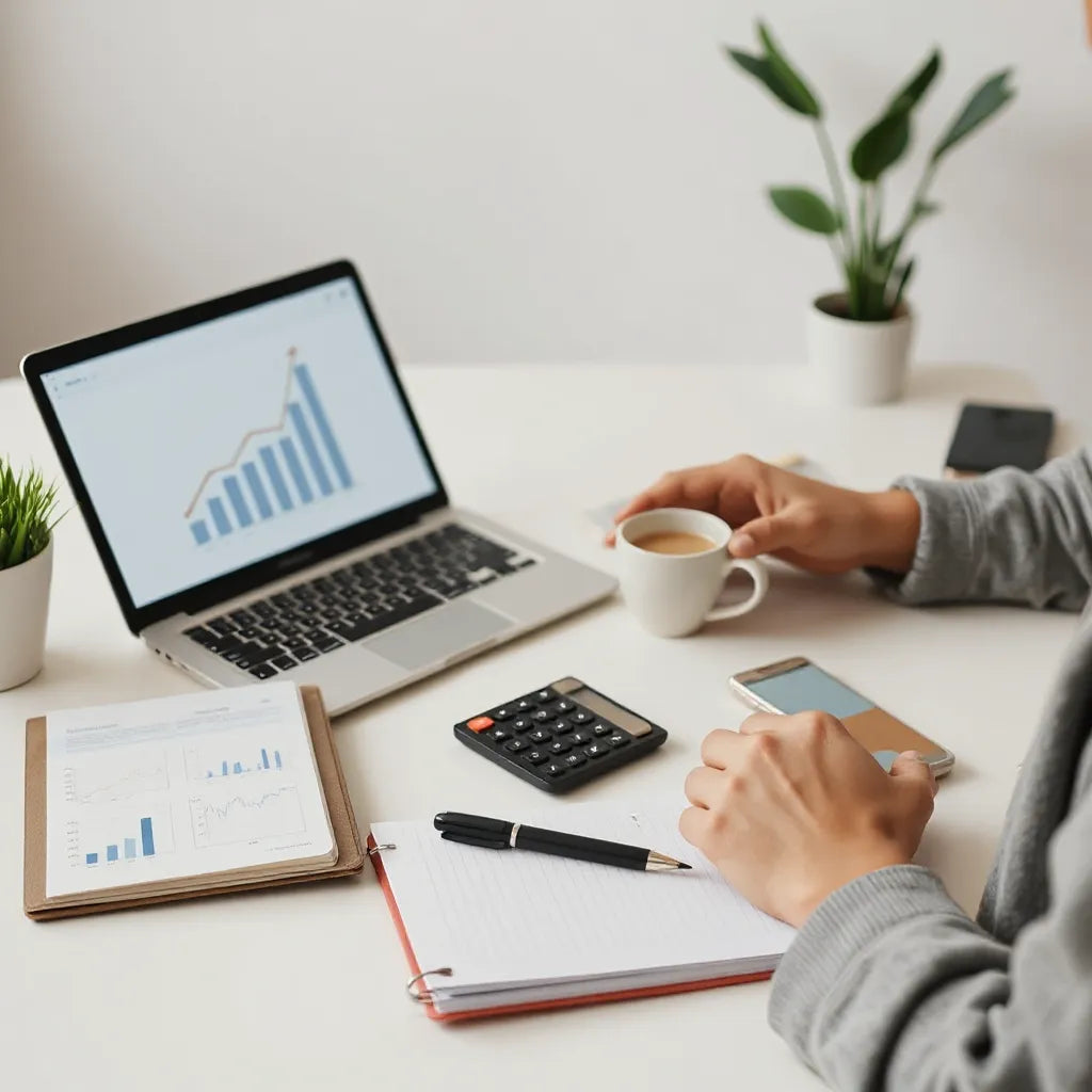 Pessoa estudando finanças em um laptop com gráficos simples em um tablet ao lado