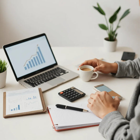 Pessoa estudando finanças em um laptop com gráficos simples em um tablet ao lado