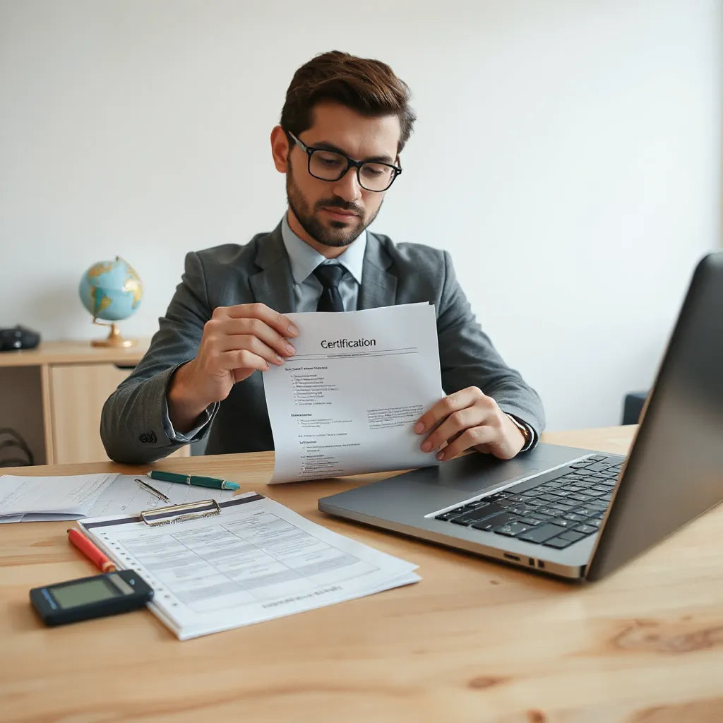 Profissional analisando documentos e checklist sobre certificações financeiras em um escritório moderno