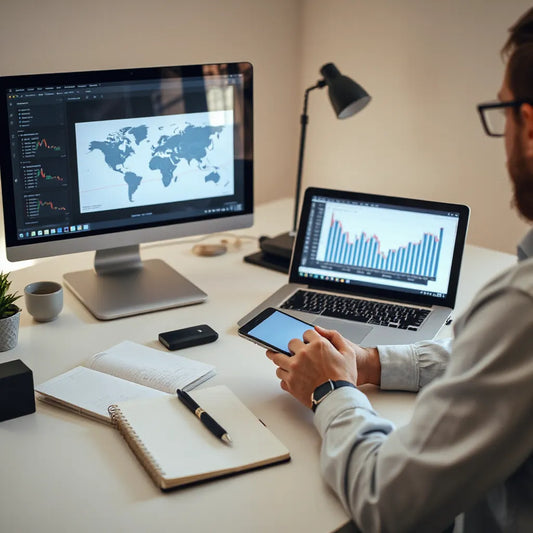 Pessoa estudando gráficos e indicadores financeiros em telas no ambiente de trabalho
