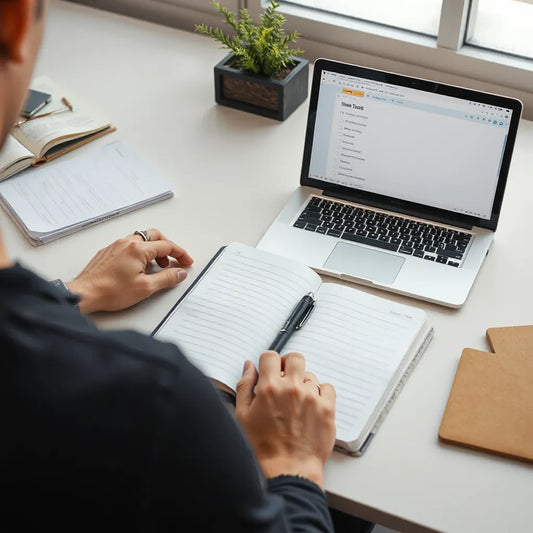 Candidato estudando em uma mesa com notebook aberto, laptop e temporizador para se preparar para um exame