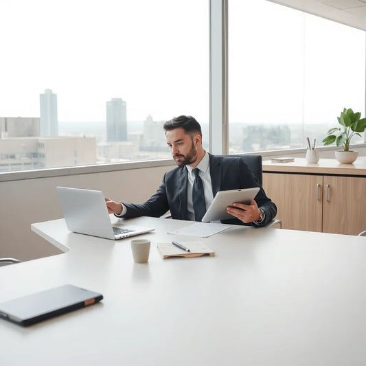Executivo analisando indicadores em laptop em escritório moderno, com anotações e liderança em foco