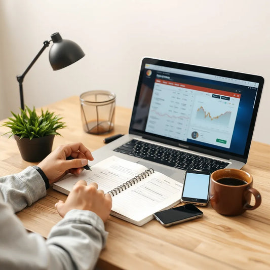 Iniciantes analisando um checklist de investimentos ao lado de um notebook e gráficos no laptop