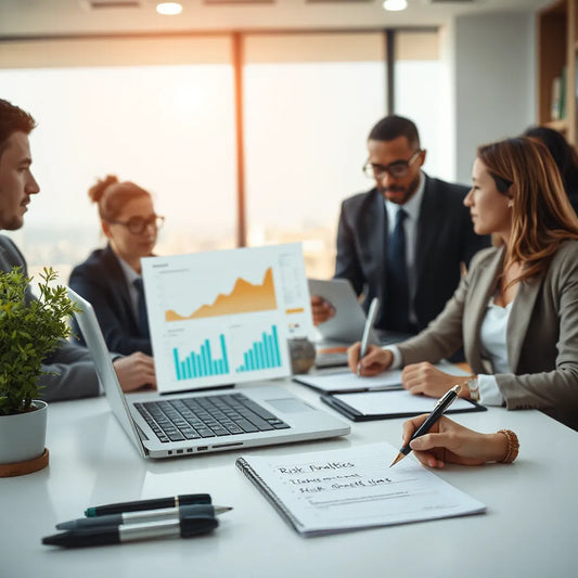 Profissionais analisando gráficos financeiros em um escritório moderno com laptop e anotações
