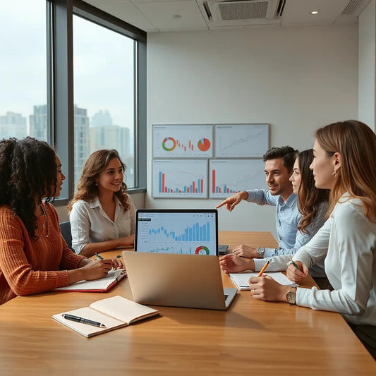 Grupo em sala moderna estudando mercado financeiro com gráfico no notebook e laptop
