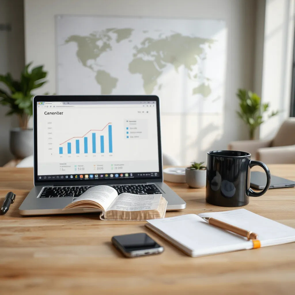 Mesa de escritório com laptop e anotações, sugerindo estudo e atualização em finanças