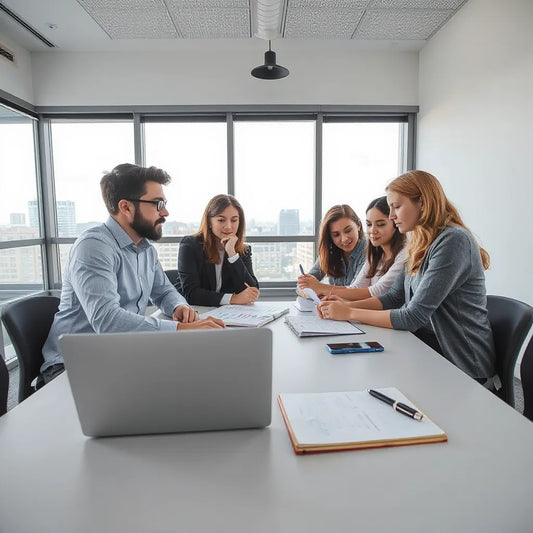 Grupo de estudantes analisando dados financeiros em um ambiente moderno com laptop e caderno.