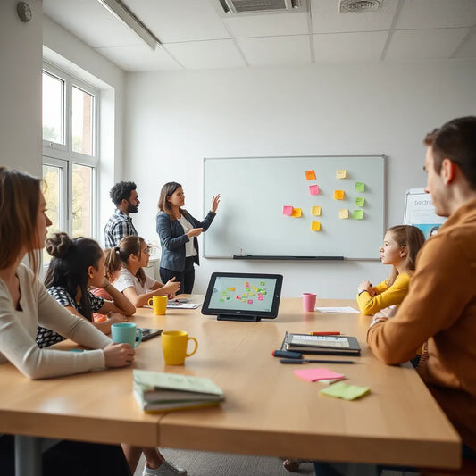 Instrutor orienta alunos em atividades colaborativas com tablet e quadro branco