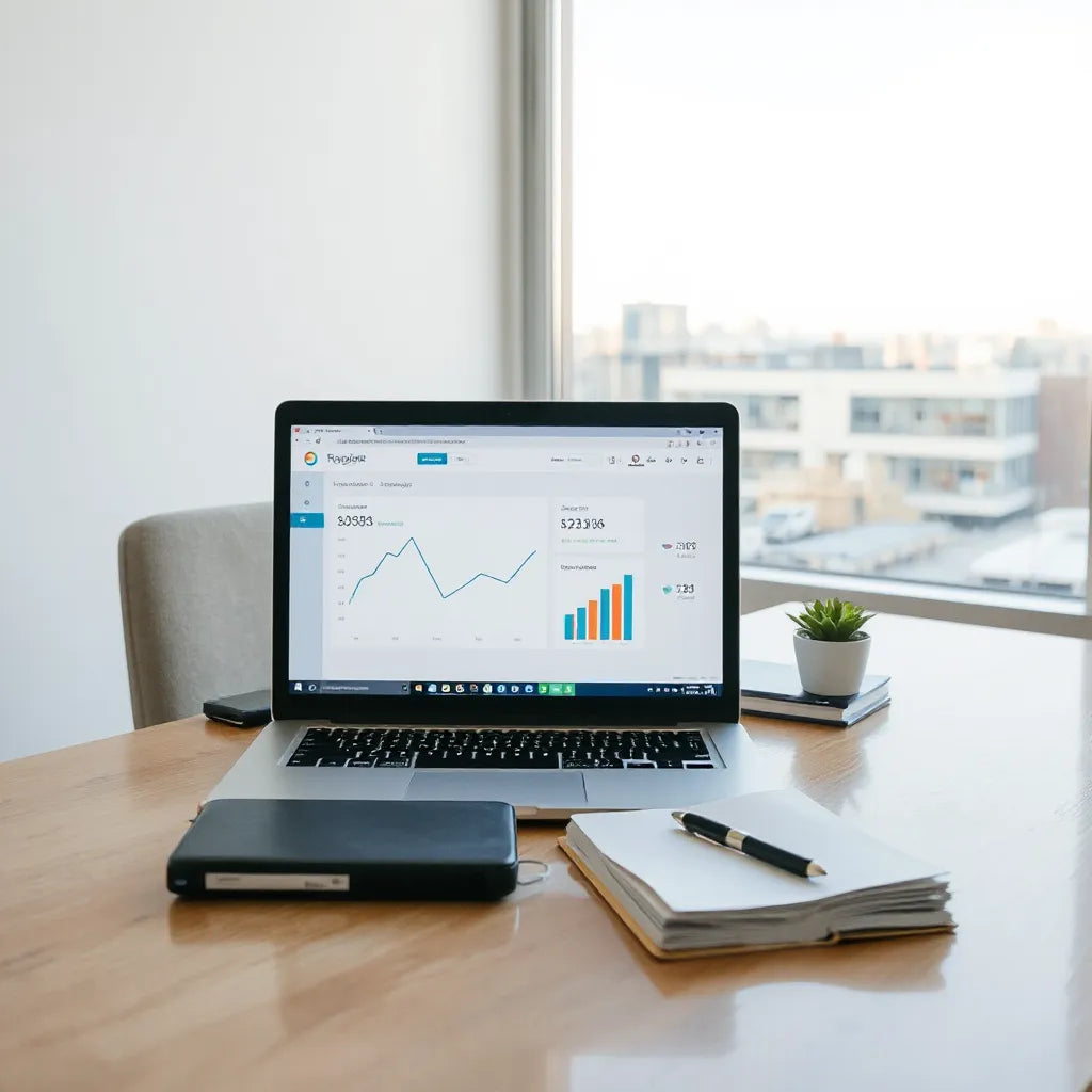 Profissional de finanças analisando um painel no notebook em escritório moderno