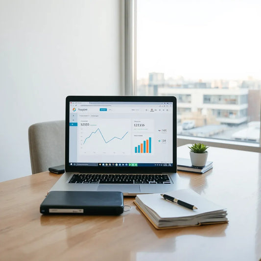 Profissional de finanças analisando um painel no notebook em escritório moderno
