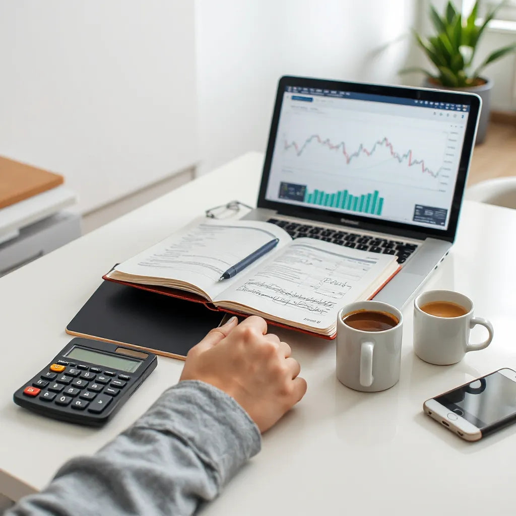 Pessoa estudando materiais financeiros com notebook, laptop e calculadora em uma mesa organizada