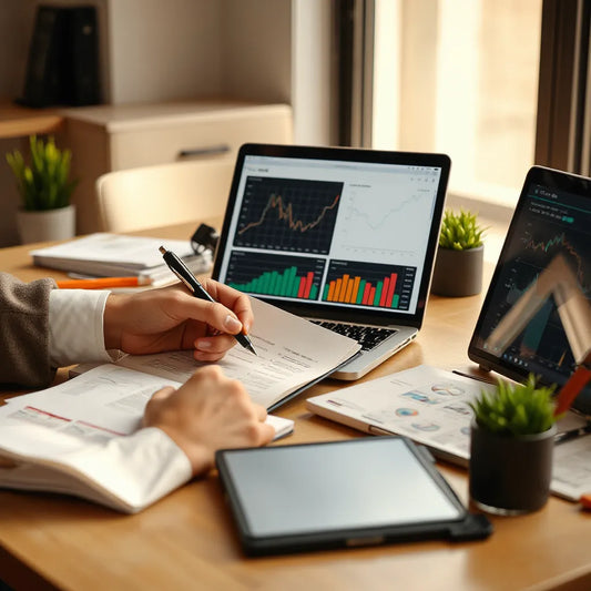 Profissional analisando relatórios financeiros em um laptop com gráficos abstratos de risco e carteira.