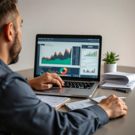 Analista financeiro revisando relatórios e gráficos em um notebook e laptop.