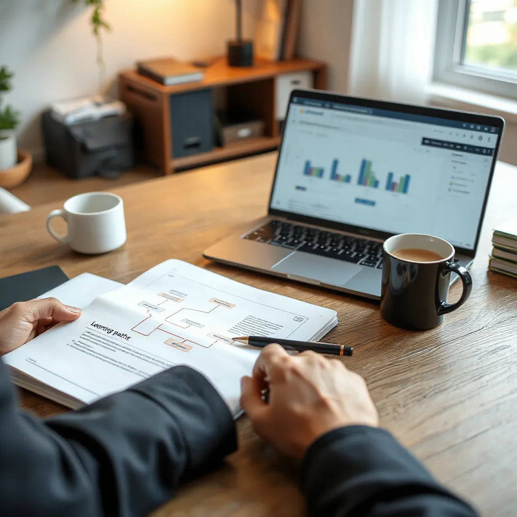 Pessoa planejando uma trilha de estudos de finanças com notebook, fluxo e gráficos no laptop