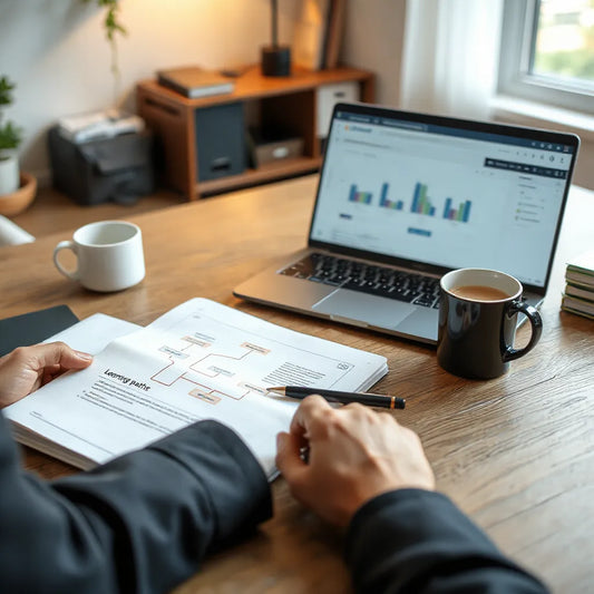 Pessoa planejando uma trilha de estudos de finanças com notebook, fluxo e gráficos no laptop