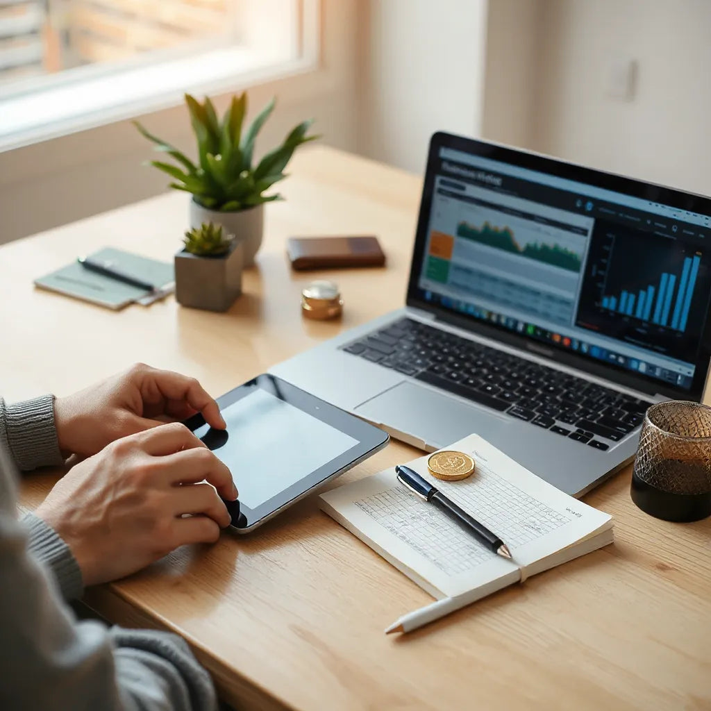 Pessoa estudando finanças em uma mesa, com tablet e laptop mostrando gráficos abstratos