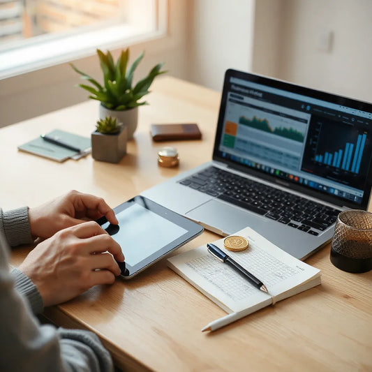 Pessoa estudando finanças em uma mesa, com tablet e laptop mostrando gráficos abstratos