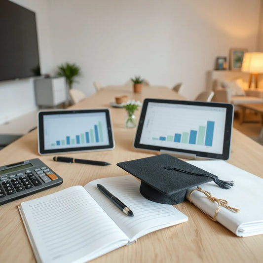 Mesa de estudos com notebook aberto, calculadora e graduação ao lado de gráficos financeiros genéricos