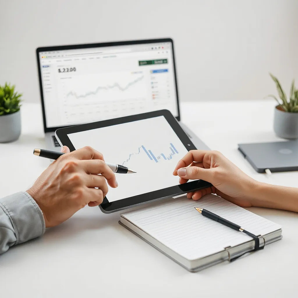 Pessoa analisando dados de investimentos em um tablet e notebook em uma mesa organizada