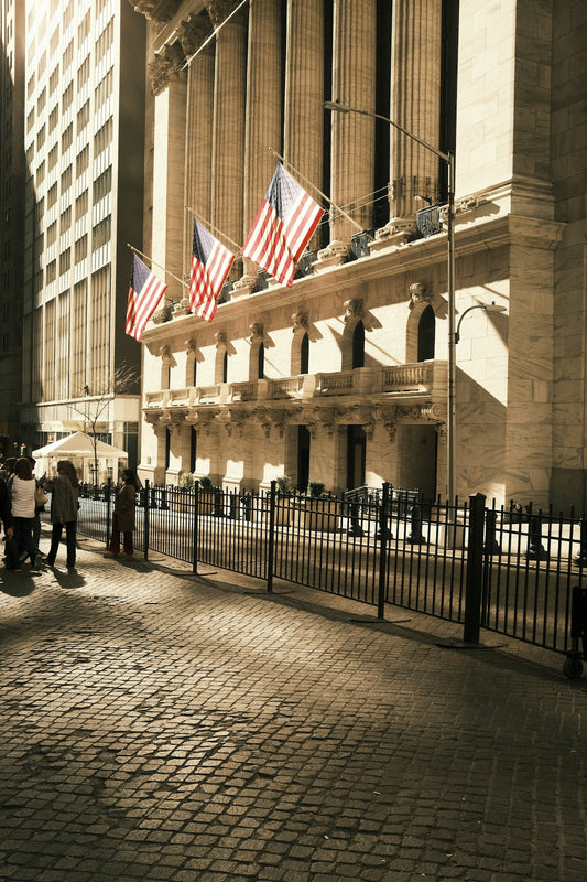 A building with american flags on the side of it