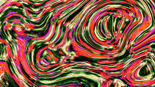 Abstract art with swirling red, green, and orange colors.