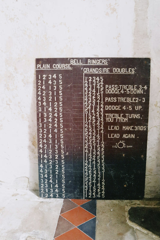 Bell ringers' course notes are listed on a board.