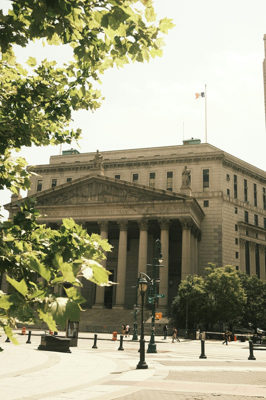A courthouse stands tall with columns and trees.