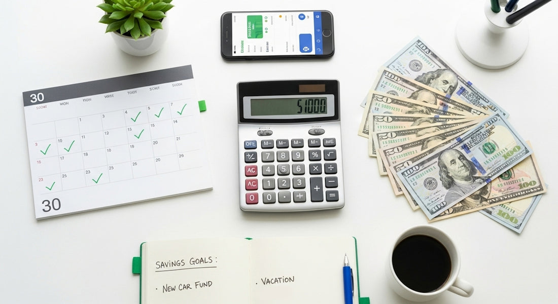 Desk with calculator, money, calendar, and coffee.