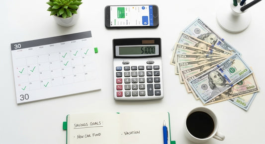 Desk with calculator, money, calendar, and coffee.
